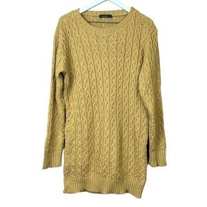 Boohoo Mustard Gold Cable Knit Crewneck Sweater Dress Oversized Tunic Women Sz M
